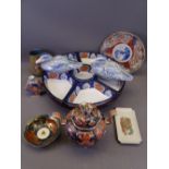 JAPANESE DECORATIVE PORCELAIN and other wares including Imari decorated Korra with lion finial, a