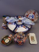 JAPANESE DECORATIVE PORCELAIN and other wares including Imari decorated Korra with lion finial, a