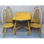 ERCOL MEDIUM ELM DROP-LEAF DINING TABLE & FOUR HIGH HOOP STICK BACK CHAIRS, 71cms H, 112cms W, 66cms