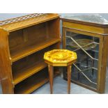 MAHOGANY THREE SHELF OPEN BOOKCASE with lattice type railback top, mahogany corner cupboard with