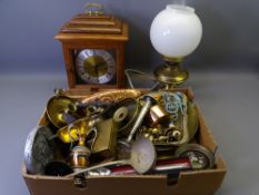 MIXED VINTAGE & LATER METAL WARE, brass antique style lamp and a walnut cased chime strike mantel