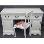 REPRODUCTION WHITE PAINTED TWIN PEDESTAL DESK and non-matching chair, 80cms H, 128.5cms W, 50.5cms