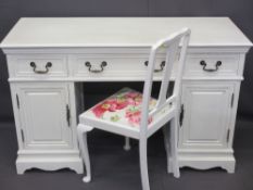 REPRODUCTION WHITE PAINTED TWIN PEDESTAL DESK and non-matching chair, 80cms H, 128.5cms W, 50.5cms