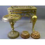VICTORIAN 'HOME SWEET HOME' PIERCED BRASS FOOTMAN, copper kettle stand and two copper and tin