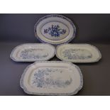 FOUR VINTAGE BLUE & WHITE MEAT PLATTERS including three early examples marked 'Lara, England' and