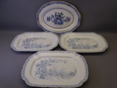 FOUR VINTAGE BLUE & WHITE MEAT PLATTERS including three early examples marked 'Lara, England' and