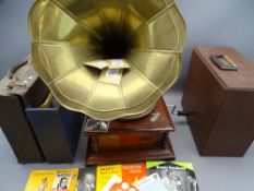'HIS MASTER'S VOICE' (PRESUMED) TABLE TOP WIND UP GRAMOPHONE WITH BRASS HORN, needles and wind up,