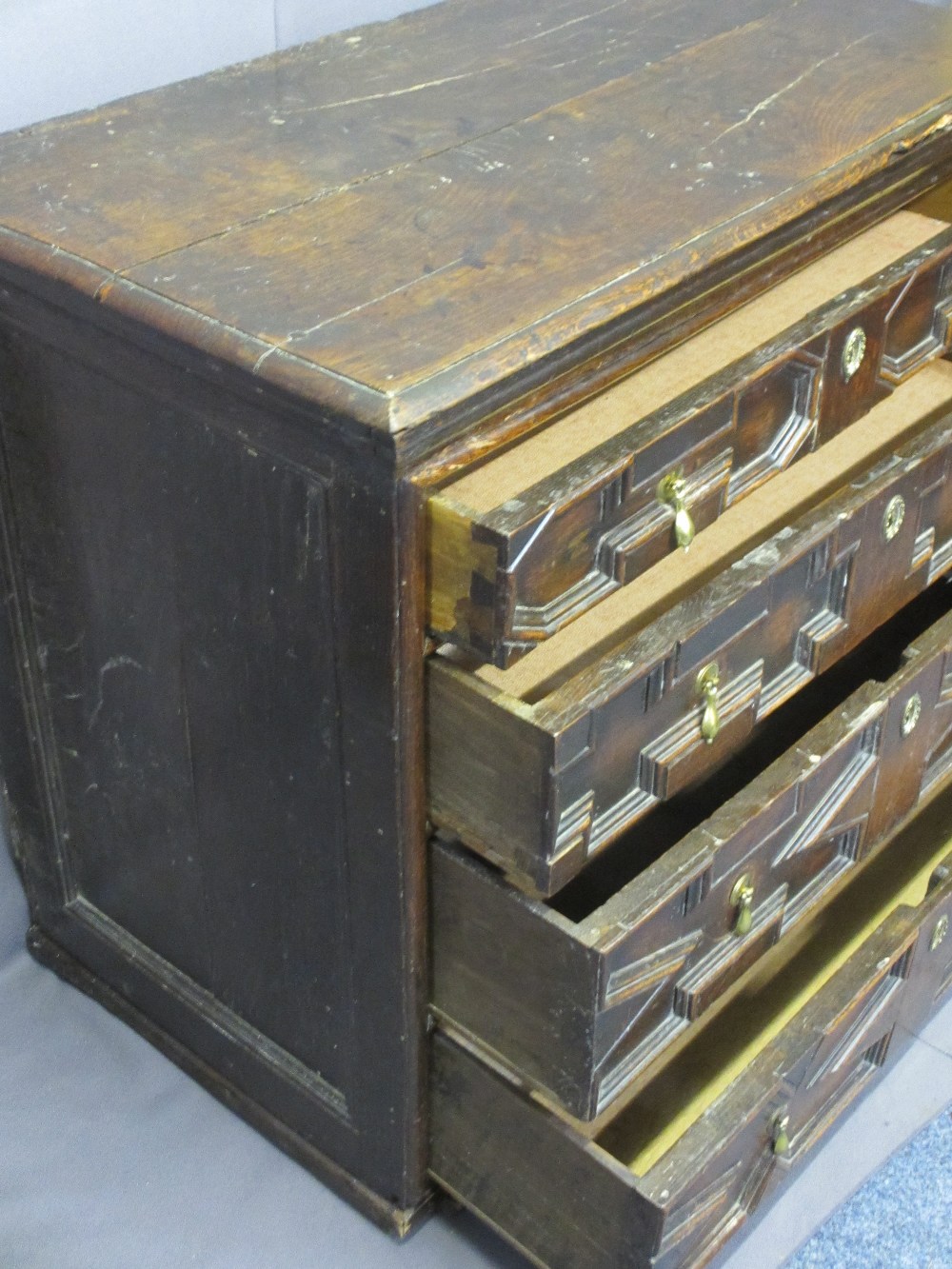 VICTORIAN JACOBETHAN CHEST of four long pine lined drawers, various patterned panels to the front, - Image 2 of 4