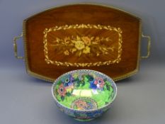 MALING POTTERY FRUIT BOWL and an Italian inlaid two-handled wood and brass drinks tray