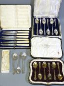 CASED HALLMARKED CUTLERY, three sets to include six silver bladed knives, London 1935 by J W