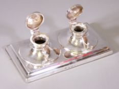 SILVER DOUBLE INKWELL DESK STAND WITH PEN REST, Birmingham 1910, Maker William Aitken, 5cms H, 17cms