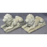 STONEWARE LIONS, A PAIR, on plinths, 30cms H, 42cms W, 22cms D