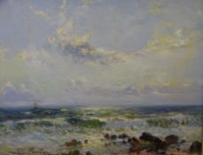 JAMES HUGHES CLAYTON oil on board - rough seas with distant yachts, 32 x 40cms