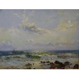 JAMES HUGHES CLAYTON oil on board - rough seas with distant yachts, 32 x 40cms