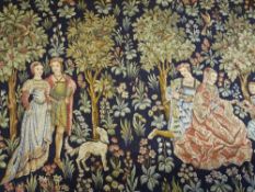 NEEDLEWORK TAPESTRY IN THE TUDOR STYLE colourful depiction of young people within a garden