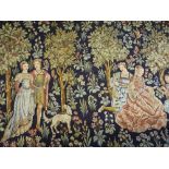 NEEDLEWORK TAPESTRY IN THE TUDOR STYLE colourful depiction of young people within a garden