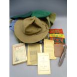 MILITARY/SOLDIER SERVICE BOOKS, Scouts type material and armbands and a small sheathed dagger