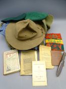 MILITARY/SOLDIER SERVICE BOOKS, Scouts type material and armbands and a small sheathed dagger