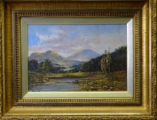 PHIL RAY (POSSIBLY SCOTTISH) oil on panel - mountain scene with river to the foreground, signed