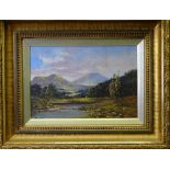 PHIL RAY (POSSIBLY SCOTTISH) oil on panel - mountain scene with river to the foreground, signed