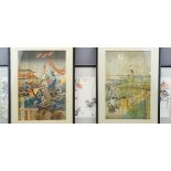 JAPANESE WOOD BLOCK & PAINTED SILK PICTURES, a quantity including two wood block prints - late