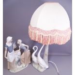 LARGE NAO PORCELAIN BIRD LAMP with tasselled shade, 67cms overall H and a large Nao porcelain