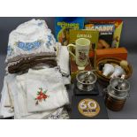 HOUSEHOLD LINEN, VINTAGE STYLE COFFEE GRINDERS, treen bowl and books ETC