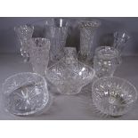 CUT GLASS & OTHER BASKET FORM & FLUTED VASES, FRUIT BOWLS and a lidded biscuit jar