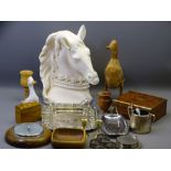 PLASTER HORSE'S HEAD, modern treen and boxes, EP tray, napkin rings and other collectables
