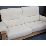 STYLISH LIGHT OAK EFFECT TWO SEATER SOFA, 92cms H, 190cms W, 92cms D