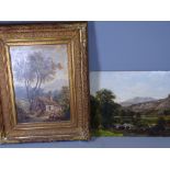 19TH CENTURY PRIMITIVE SCHOOL oil on board - landscape with river and fishermen, and bearing