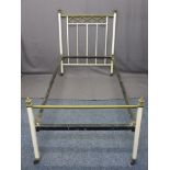 ANTIQUE PAINTED METAL & BRASS BED FRAME, 117cms H, 93cms W, 207cms D