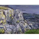 MAVIS GWILLIAM acrylic on canvas - rocky coastal Anglesey sea scape, signed, 60 x 75cms