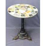 CAST IRON TRIPOD TABLE BASE with a multi-coloured stoneware top, 79cms H, 61cms Diameter