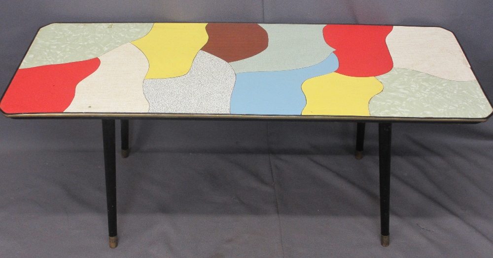 RETRO LONG-JOHN COFFEE TABLE with multicoloured top, 49cms H, 122cms W, 46cms D