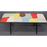 RETRO LONG-JOHN COFFEE TABLE with multicoloured top, 49cms H, 122cms W, 46cms D