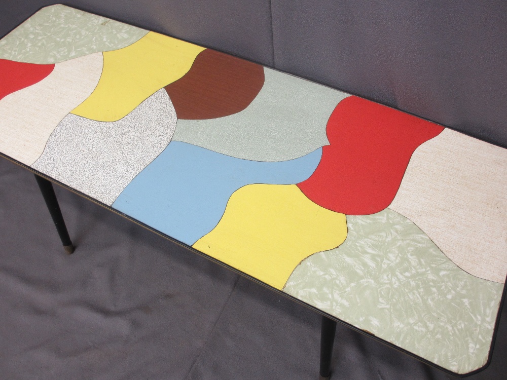 RETRO LONG-JOHN COFFEE TABLE with multicoloured top, 49cms H, 122cms W, 46cms D - Image 2 of 2