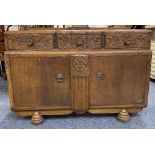 VINTAGE CARVED OAK RAILBACK SIDEBOARD on bulbous supports, 97cms H, 132cms W, 50cms max D