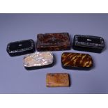 VICTORIAN SNUFF BOXES (6), some with content, five being papier mache with inlay and other