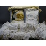 ANTIQUE & LATER CHRISTENING GOWNS, table and household linen (within 2 lidded crates and a box)