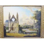19TH CENTURY CLOCK PICTURE oil on canvas - depicting figures and livestock before a church with