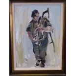 WILLIAM SELWYN oil on canvas - standing farmer with sickle, signed, 34 x 24cms