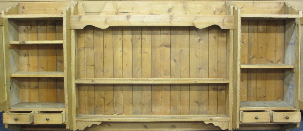 FARMHOUSE PINE ANTIQUE STYLE WALL HANGING RACK/CUPBOARD, 113cms H, 232cms W, 30cms D - Image 2 of 2