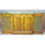 A FINE QUALITY REPRODUCTION BREAKFRONT CREDENZA with marble top and grill doors to the sides,
