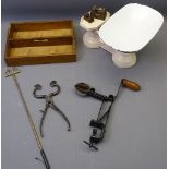 KITCHENALIA - a collection including enamel scales, oak cutlery rack, lemon squeezer, sugar cutter