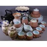LANGLEY TABLE WARE, Jackfield type and other teapots, drip ware jug, Satsuma vases ETC