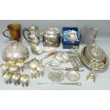 PLATED LIDDED BISCUIT BOX, large ladle, entree dish and other items of EPNS ware