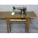 SEWING TABLE WITH SINGER CONTENTS and compartmented drop front, 79cms H, 35cms W, 45cms D (closed)