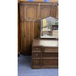 PRIORY OAK STYLE TWO-PIECE BEDROOM SUITE of double door wardrobe with linen fold detail, 184cms H,