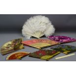 OSTRICH FEATHER & OTHER FOLDING FANS (7) and an ivory page turner